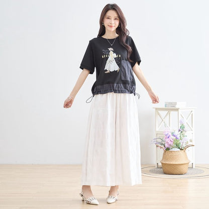 ガールイラスト ドロスト Tシャツ 半袖 異素材 フリル ゆったり 体型カバー