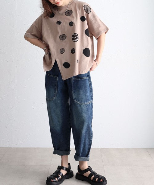 フロント BIGポケット デニムパンツ ウエストゴム ルーズ ジーパン ゆったり 体型カバー オールシーズン