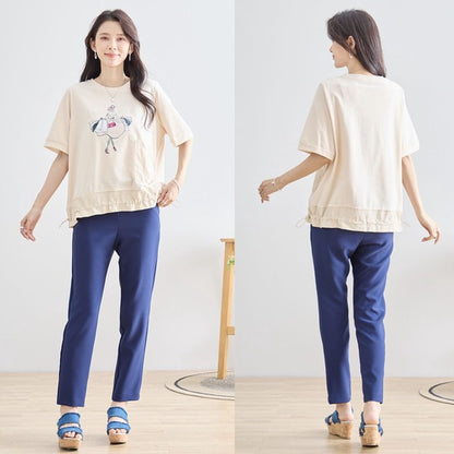 パリジェンヌ グラフィック 異素材切替 ドロスト Tシャツ 半袖 ゆったり M-L