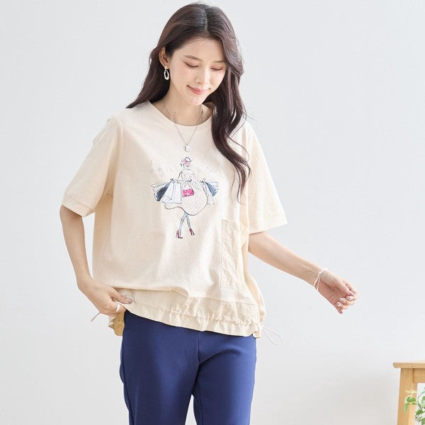 パリジェンヌ グラフィック 異素材切替 ドロスト Tシャツ 半袖 ゆったり M-L