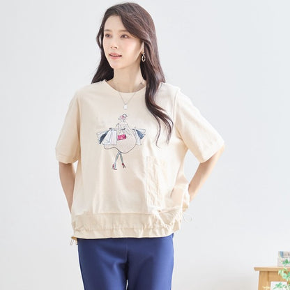 パリジェンヌ グラフィック 異素材切替 ドロスト Tシャツ 半袖 ゆったり M-L