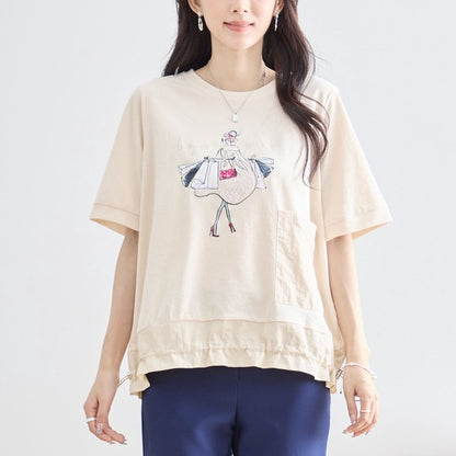 パリジェンヌ グラフィック 異素材切替 ドロスト Tシャツ 半袖 ゆったり M-L