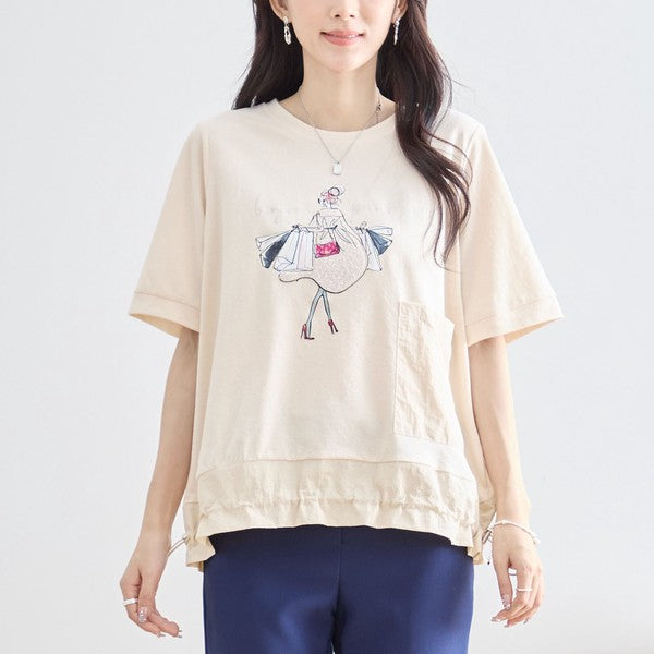 パリジェンヌ グラフィック 異素材切替 ドロスト Tシャツ 半袖 ゆったり M-L