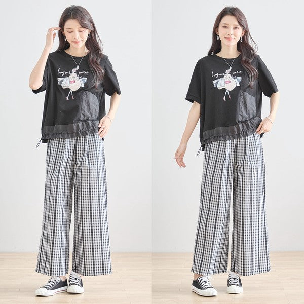 パリジェンヌ グラフィック 異素材切替 ドロスト Tシャツ 半袖 ゆったり M-L