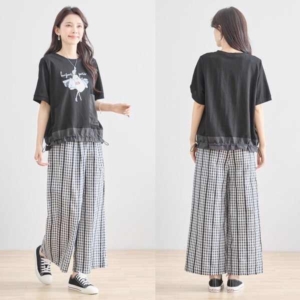 パリジェンヌ グラフィック 異素材切替 ドロスト Tシャツ 半袖 ゆったり M-L