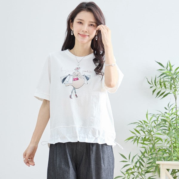 パリジェンヌ グラフィック 異素材切替 ドロスト Tシャツ 半袖 ゆったり M-L