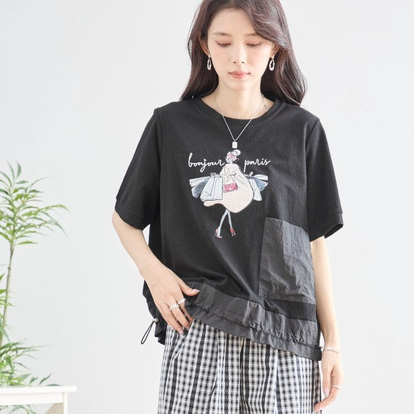 パリジェンヌ グラフィック 異素材切替 ドロスト Tシャツ 半袖 ゆったり M-L