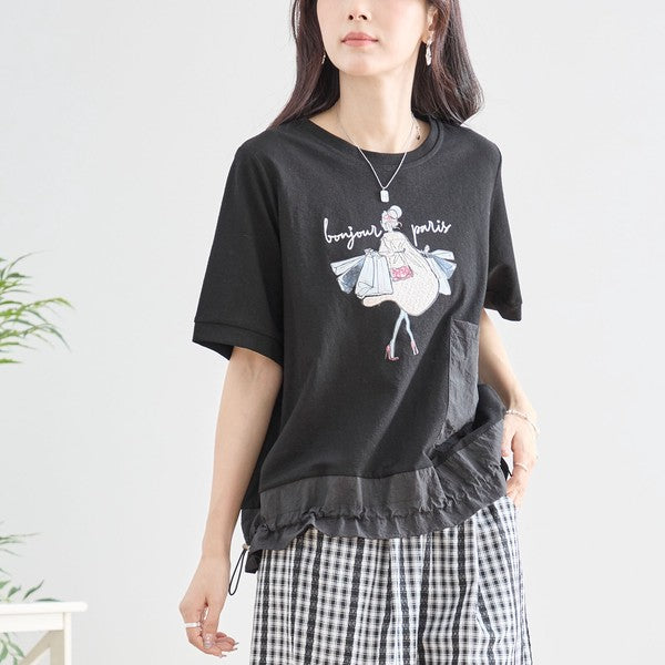 パリジェンヌ グラフィック 異素材切替 ドロスト Tシャツ 半袖 ゆったり M-L