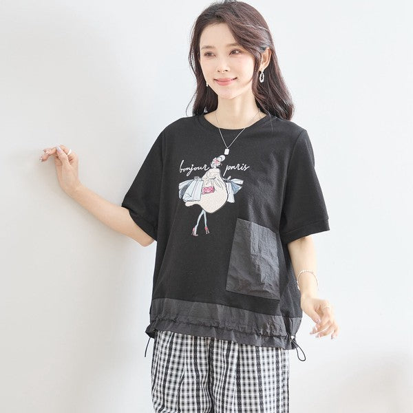 パリジェンヌ グラフィック 異素材切替 ドロスト Tシャツ 半袖 ゆったり M-L