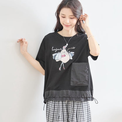 パリジェンヌ グラフィック 異素材切替 ドロスト Tシャツ 半袖 ゆったり M-L