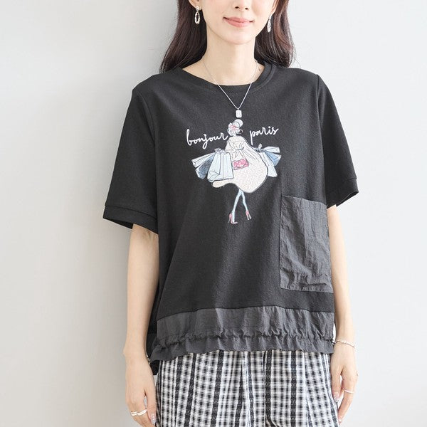 パリジェンヌ グラフィック 異素材切替 ドロスト Tシャツ 半袖 ゆったり M-L