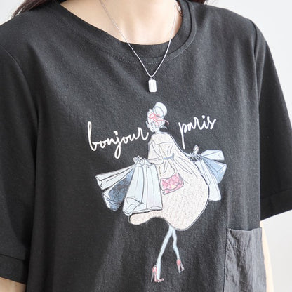 パリジェンヌ グラフィック 異素材切替 ドロスト Tシャツ 半袖 ゆったり M-L