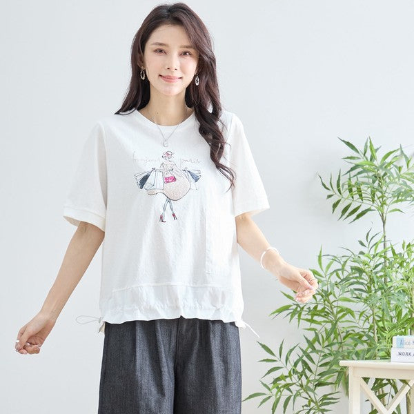 パリジェンヌ グラフィック 異素材切替 ドロスト Tシャツ 半袖 ゆったり M-L