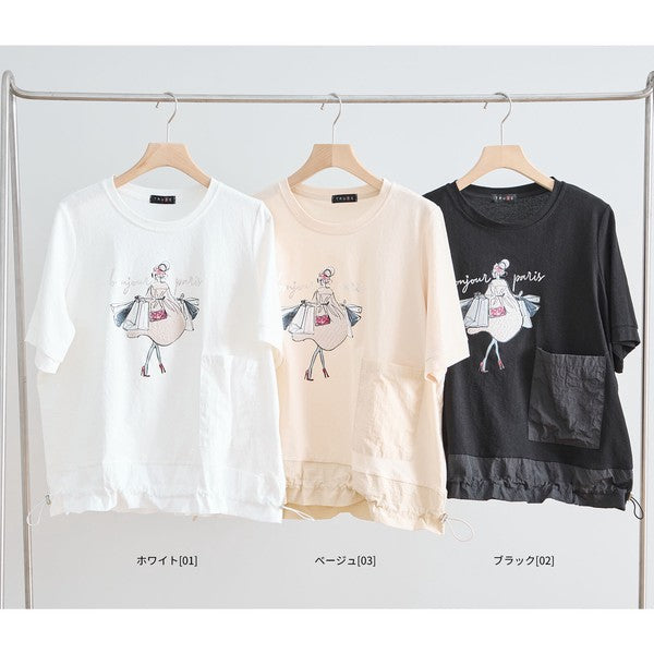 パリジェンヌ グラフィック 異素材切替 ドロスト Tシャツ 半袖 ゆったり M-L