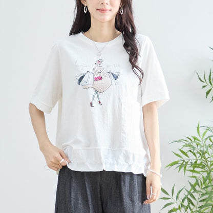 パリジェンヌ グラフィック 異素材切替 ドロスト Tシャツ 半袖 ゆったり M-L