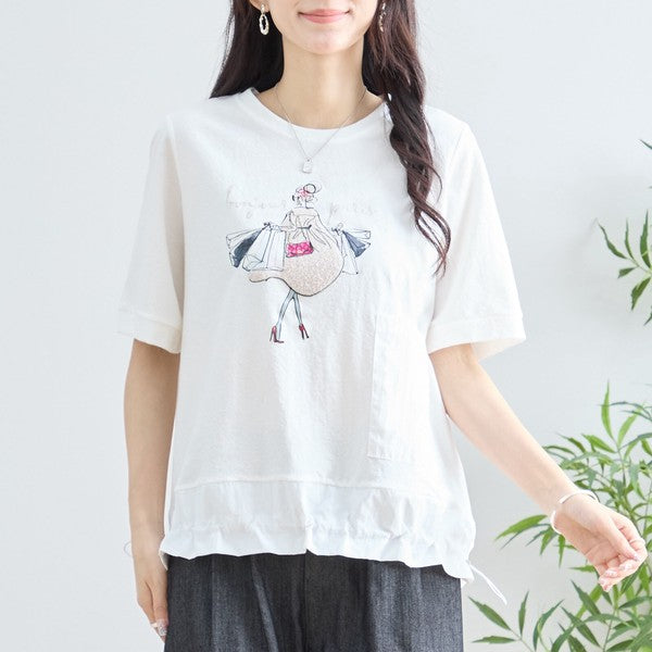 パリジェンヌ グラフィック 異素材切替 ドロスト Tシャツ 半袖 ゆったり M-L