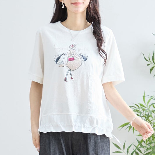 パリジェンヌ グラフィック 異素材切替 ドロスト Tシャツ 半袖 ゆったり M-L