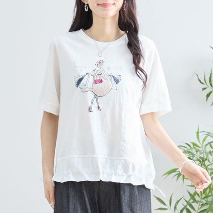 パリジェンヌ グラフィック 異素材切替 ドロスト Tシャツ 半袖 ゆったり M-L