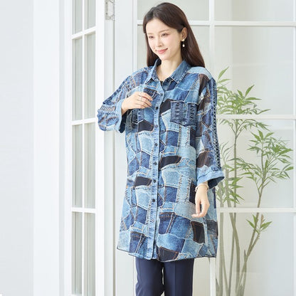 デニムパッチワーク プリント シアー ロングシャツ 羽織り ゆったり 体型カバー L-LL