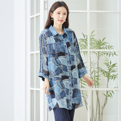 デニムパッチワーク プリント シアー ロングシャツ 羽織り ゆったり 体型カバー L-LL