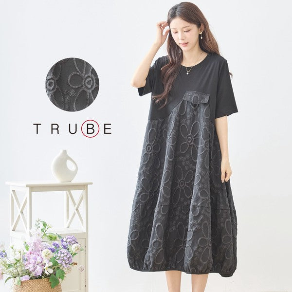 サークル刺繍 切替 バルーン ワンピース 半袖 ゆったり 体型カバー ロング丈 M-L