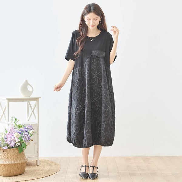 サークル刺繍 切替 バルーン ワンピース 半袖 ゆったり 体型カバー ロング丈 M-L