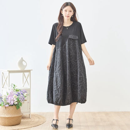 サークル刺繍 切替 バルーン ワンピース 半袖 ゆったり 体型カバー ロング丈 M-L