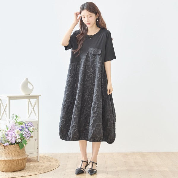 サークル刺繍 切替 バルーン ワンピース 半袖 ゆったり 体型カバー ロング丈 M-L