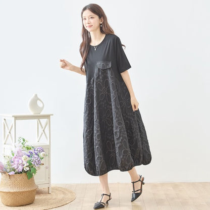 サークル刺繍 切替 バルーン ワンピース 半袖 ゆったり 体型カバー ロング丈 M-L