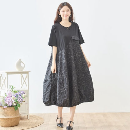 サークル刺繍 切替 バルーン ワンピース 半袖 ゆったり 体型カバー ロング丈 M-L