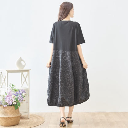 サークル刺繍 切替 バルーン ワンピース 半袖 ゆったり 体型カバー ロング丈 M-L