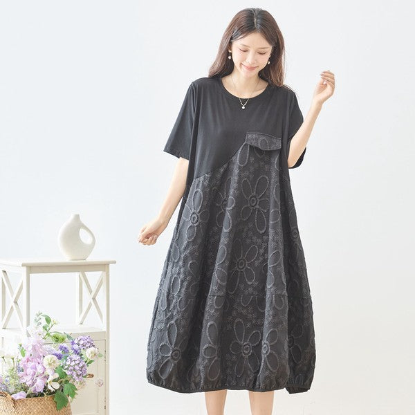 サークル刺繍 切替 バルーン ワンピース 半袖 ゆったり 体型カバー ロング丈 M-L