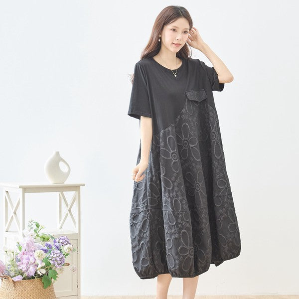 サークル刺繍 切替 バルーン ワンピース 半袖 ゆったり 体型カバー ロング丈 M-L