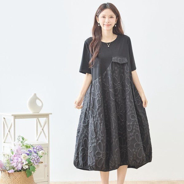 サークル刺繍 切替 バルーン ワンピース 半袖 ゆったり 体型カバー ロング丈 M-L