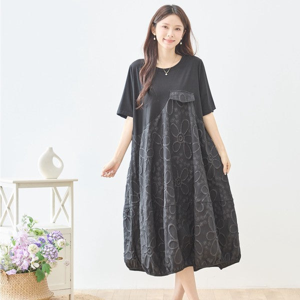 サークル刺繍 切替 バルーン ワンピース 半袖 ゆったり 体型カバー ロング丈 M-L
