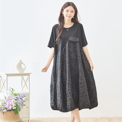 サークル刺繍 切替 バルーン ワンピース 半袖 ゆったり 体型カバー ロング丈 M-L