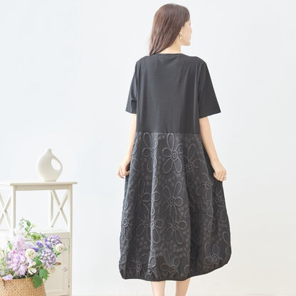 サークル刺繍 切替 バルーン ワンピース 半袖 ゆったり 体型カバー ロング丈 M-L
