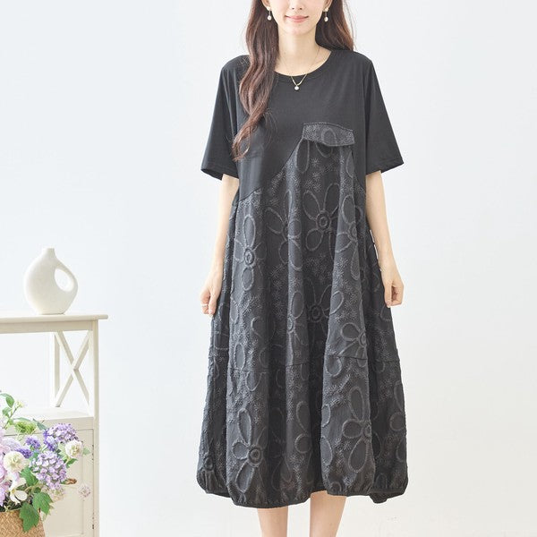 サークル刺繍 切替 バルーン ワンピース 半袖 ゆったり 体型カバー ロング丈 M-L