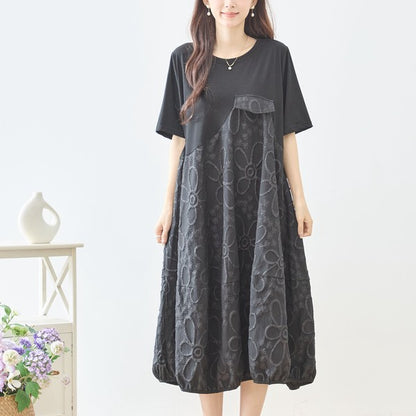 サークル刺繍 切替 バルーン ワンピース 半袖 ゆったり 体型カバー ロング丈 M-L