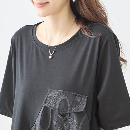 サークル刺繍 切替 バルーン ワンピース 半袖 ゆったり 体型カバー ロング丈 M-L