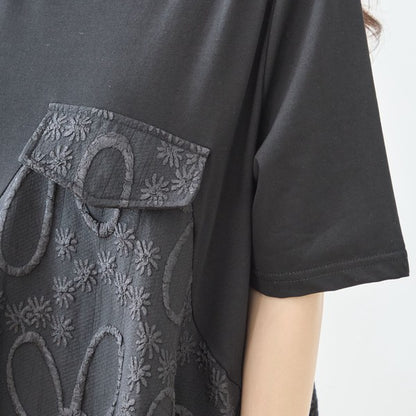 サークル刺繍 切替 バルーン ワンピース 半袖 ゆったり 体型カバー ロング丈 M-L