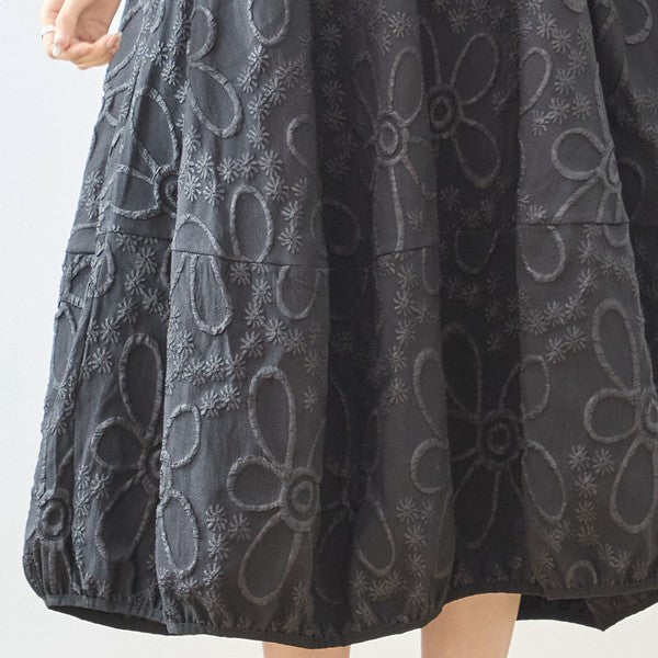 サークル刺繍 切替 バルーン ワンピース 半袖 ゆったり 体型カバー ロング丈 M-L