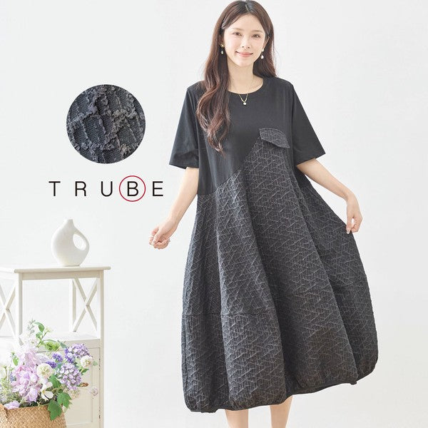幾何学ジャカード切替バルーンワンピースロング丈半袖ゆったり体型カバー L～LL