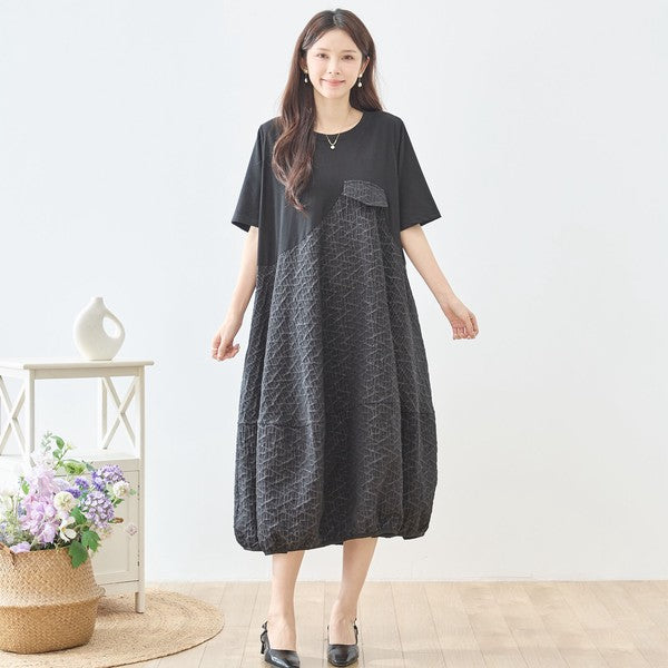 幾何学ジャカード切替バルーンワンピースロング丈半袖ゆったり体型カバー L～LL