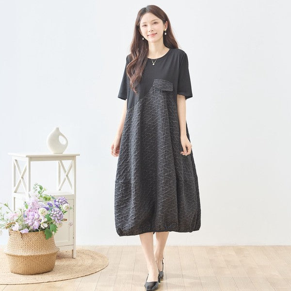 幾何学ジャカード切替バルーンワンピースロング丈半袖ゆったり体型カバー L～LL
