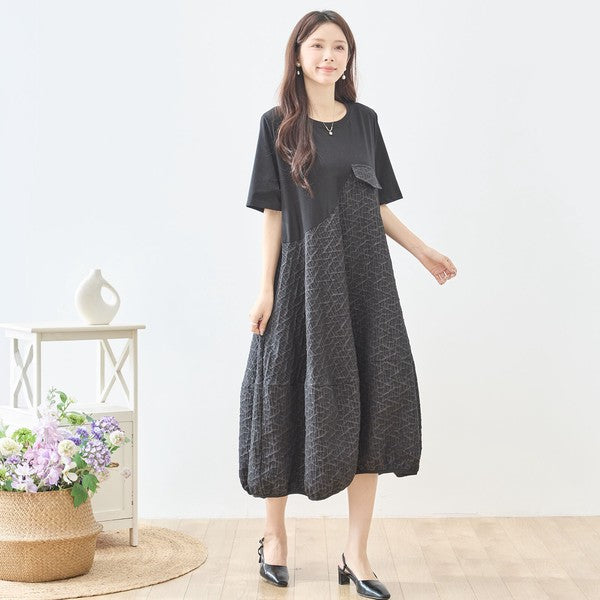 幾何学ジャカード切替バルーンワンピースロング丈半袖ゆったり体型カバー L～LL