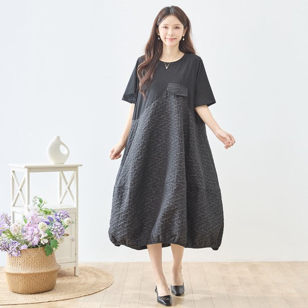 幾何学ジャカード切替バルーンワンピースロング丈半袖ゆったり体型カバー L～LL