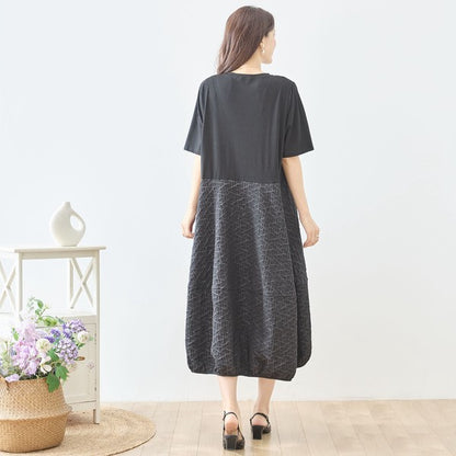 幾何学ジャカード切替バルーンワンピースロング丈半袖ゆったり体型カバー L～LL