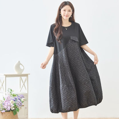幾何学ジャカード切替バルーンワンピースロング丈半袖ゆったり体型カバー L～LL