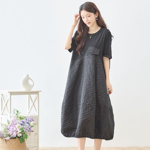 幾何学ジャカード切替バルーンワンピースロング丈半袖ゆったり体型カバー L～LL